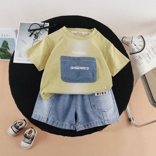 漸層口袋短袖套裝 