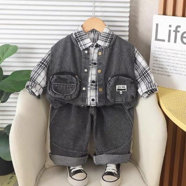 格子襯衫牛仔背心三件組套裝 