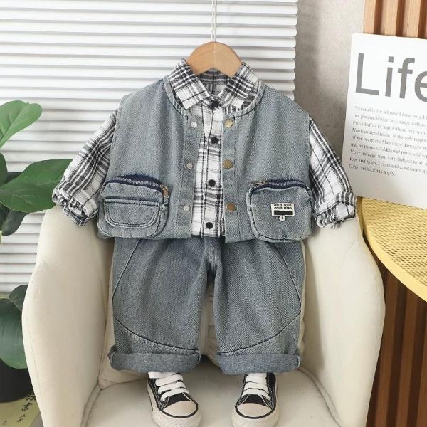 格子襯衫牛仔背心三件組套裝 