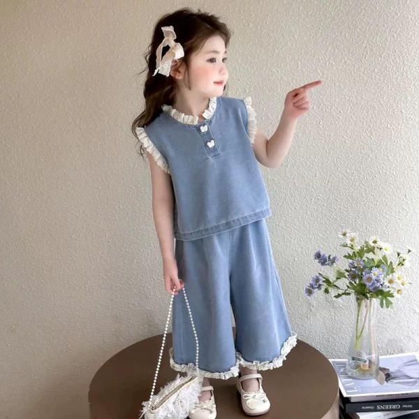 牛仔花邊寬褲套裝 