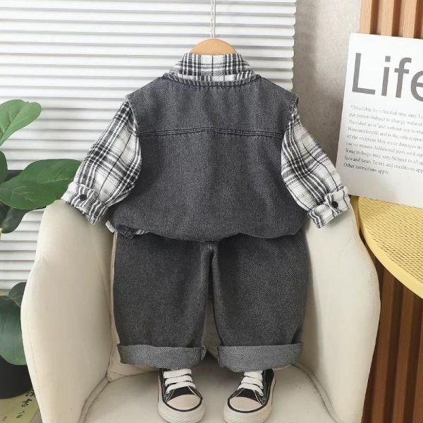 格子襯衫牛仔背心三件組套裝 