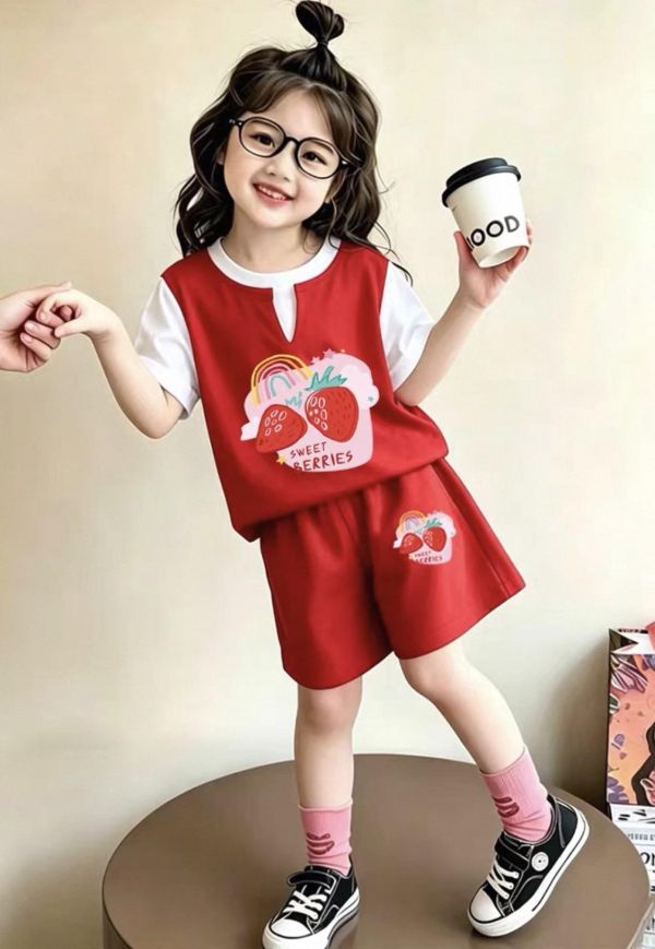 純棉草莓假兩件休閒短袖套裝 