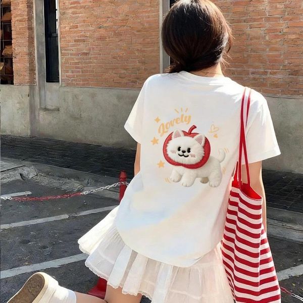 純棉白貓寬鬆短T 