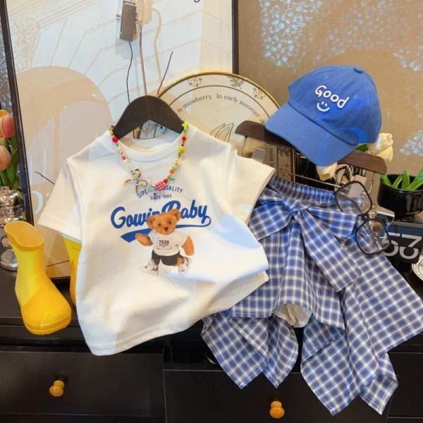 小熊短T+不規則格子褲裙兩件組 