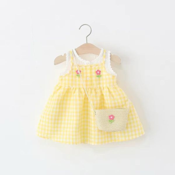 假兩件格子小花洋裝（含包包） 