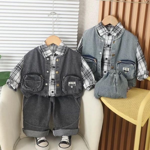 格子襯衫牛仔背心三件組套裝 