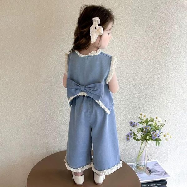 牛仔花邊寬褲套裝 