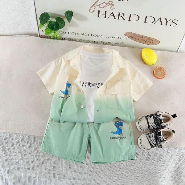 漸層恐龍短袖三件組套裝 