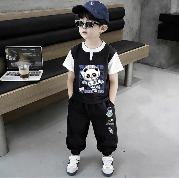 純棉太空熊貓假兩件休閒套裝 