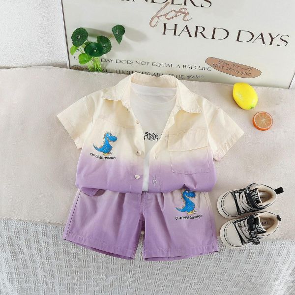 漸層恐龍短袖三件組套裝 