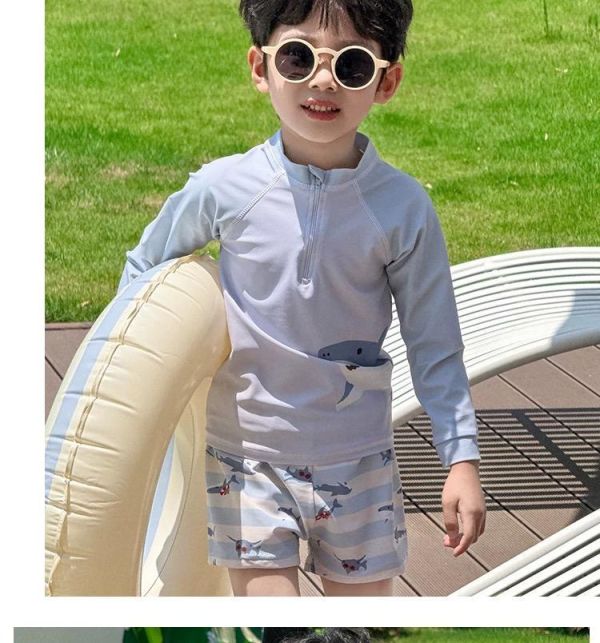 鯊魚恐龍長袖防曬兩件式泳衣（含泳帽） 