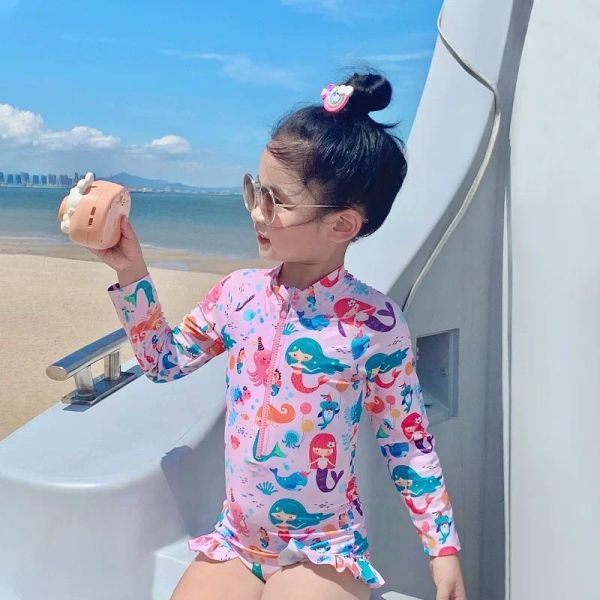 女童可愛長袖防曬連身泳衣 