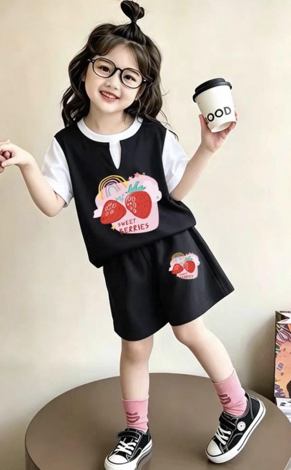 純棉草莓假兩件休閒短袖套裝 