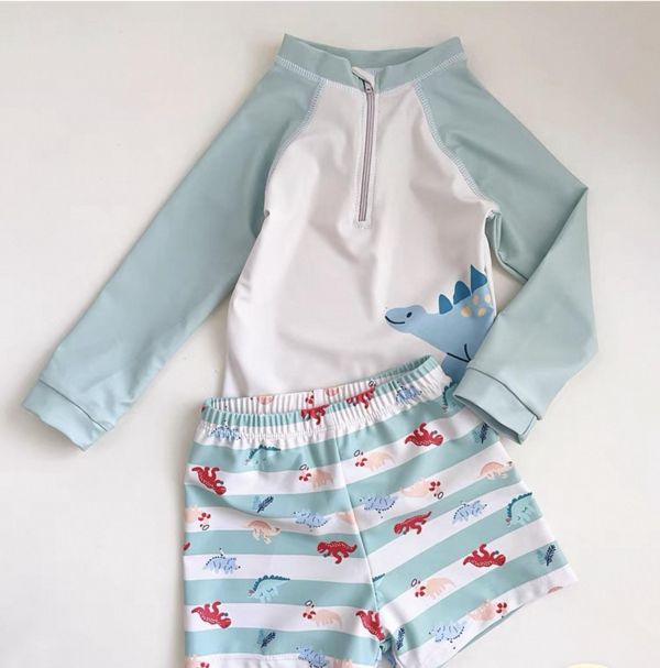 鯊魚恐龍長袖防曬兩件式泳衣（含泳帽） 