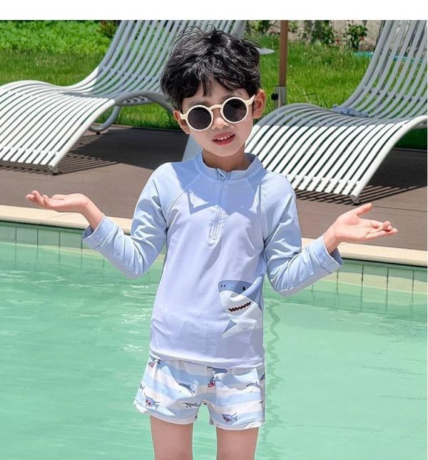 鯊魚恐龍長袖防曬兩件式泳衣（含泳帽） 