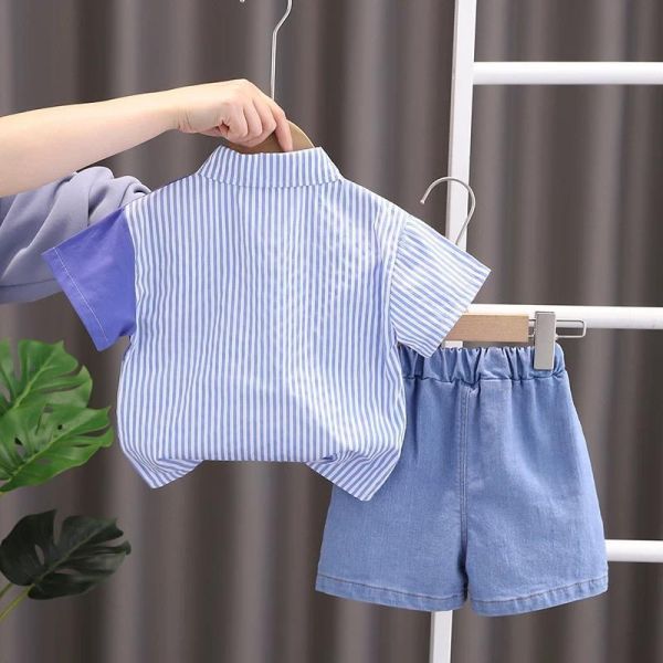 小熊直條襯衫短袖套裝 