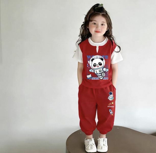 純棉太空熊貓假兩件休閒套裝 