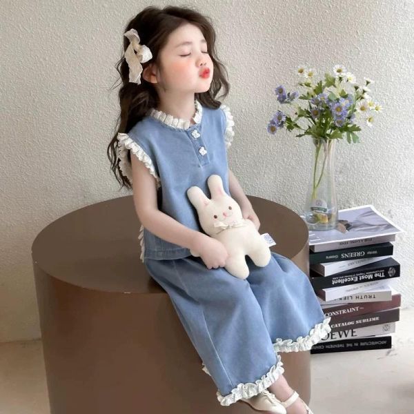 牛仔花邊寬褲套裝 