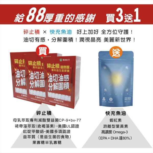 【父親節優惠】碎止積超燃版專利益生菌膠囊(奶素)30顆/盒,買3送1(快充魚油™ 40顆/包) 益生菌膠囊
營養補充品
消化道健康
超燃版益生菌
專利配方菌CP-9
糖掃專利吡啶甲酸鉻
身體健康管理
瘦身幫助
深海裙帶藻益生菌
消化系統平衡