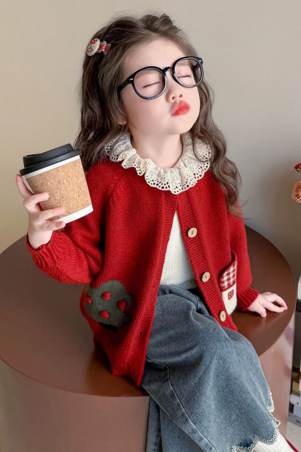 森林系可愛針織外套+內搭花邊上衣套裝 森林系可愛針織外套+內搭花邊上衣套裝