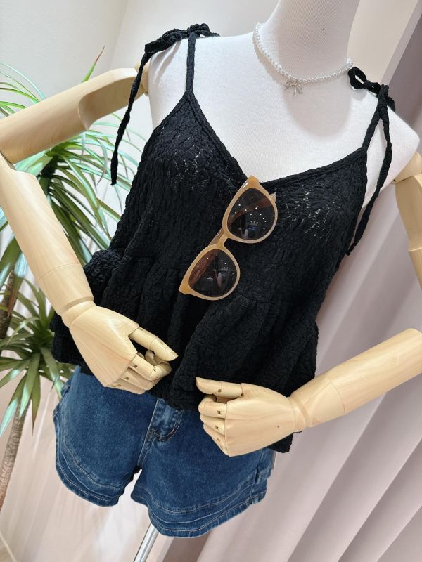 泡泡紋綁帶傘擺小背心 肩綁帶傘擺小背心