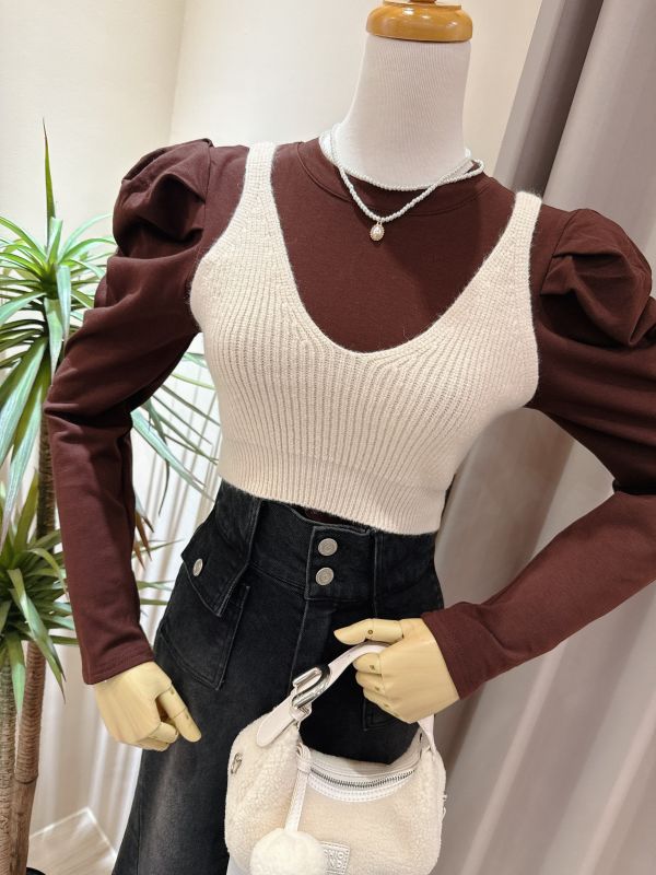 粗針織馬甲背心+公主袖厚磅棉上衣 粗針織馬甲背心+公主袖厚磅棉上衣