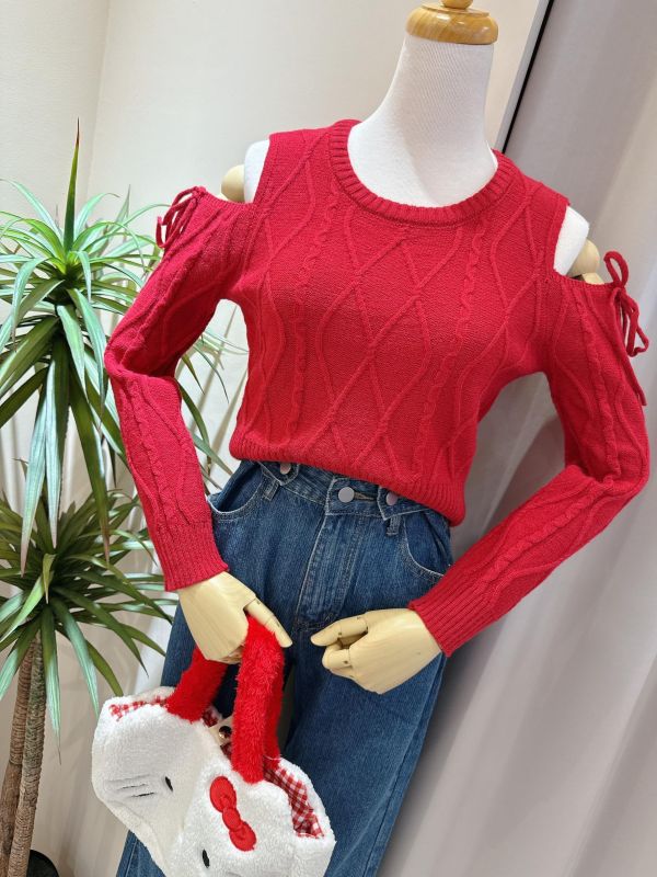 挖肩綁帶小復古針織毛衣 挖肩綁帶小復古針織毛衣