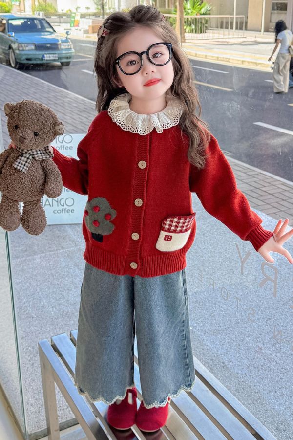 森林系可愛針織外套+內搭花邊上衣套裝 森林系可愛針織外套+內搭花邊上衣套裝