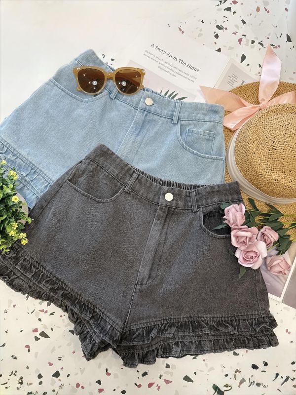 雙層荷葉擺後腰鬆緊短褲 雙層荷葉擺後腰鬆緊短褲