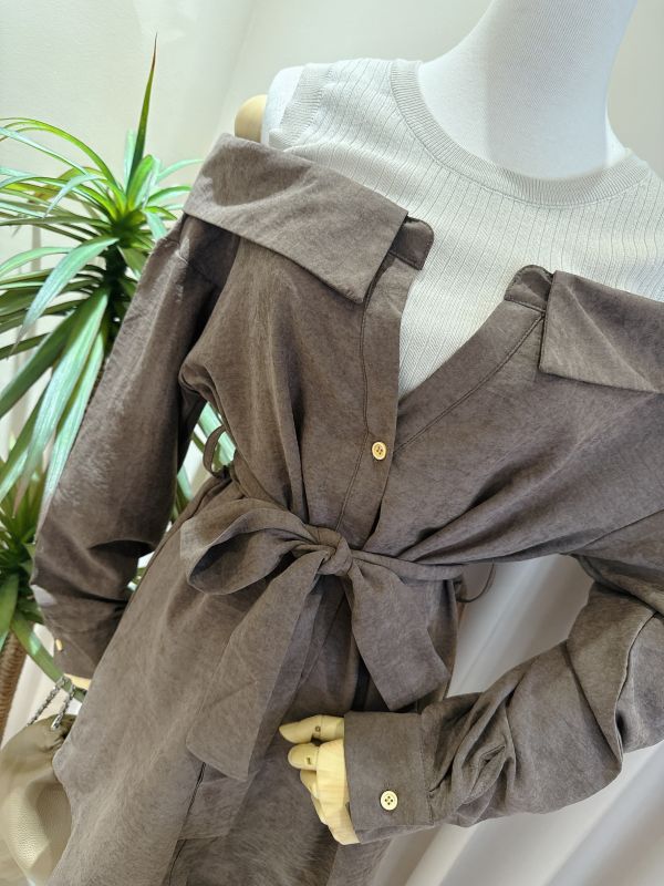 拼接異材質露肩長版襯衫洋裝 拼接異材質露肩長版襯衫洋裝