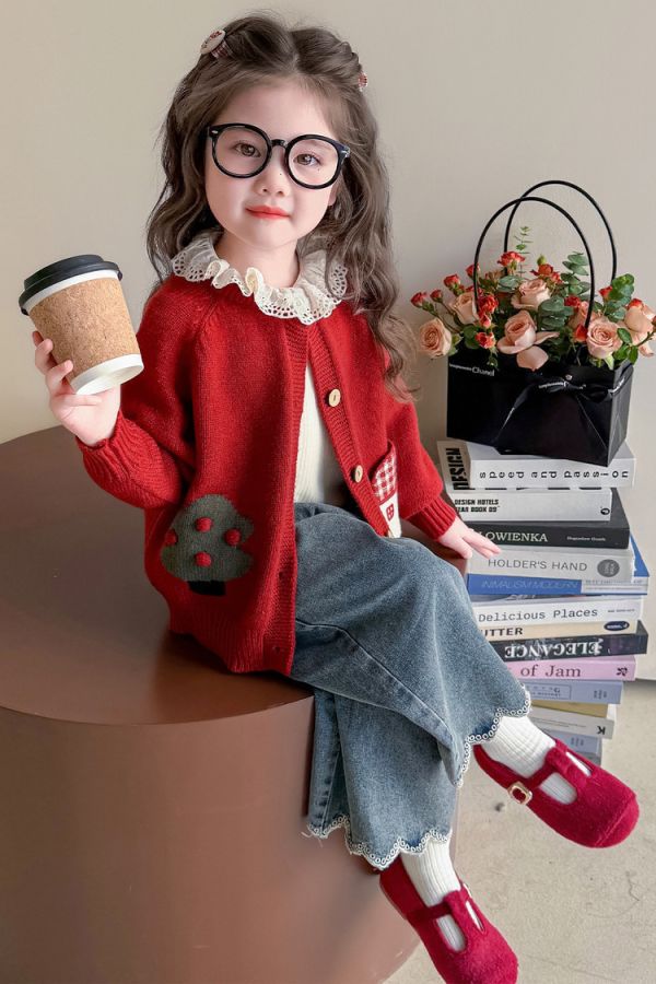 森林系可愛針織外套+內搭花邊上衣套裝 森林系可愛針織外套+內搭花邊上衣套裝