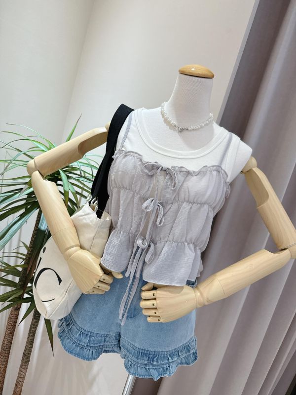 雙層荷葉擺後腰鬆緊短褲 雙層荷葉擺後腰鬆緊短褲