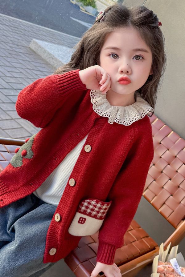 森林系可愛針織外套+內搭花邊上衣套裝 森林系可愛針織外套+內搭花邊上衣套裝