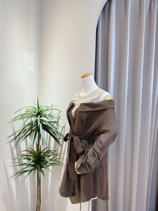 拼接異材質露肩長版襯衫洋裝 拼接異材質露肩長版襯衫洋裝