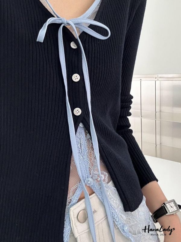 LSA01 親膚針織綁結蕾絲上衣 