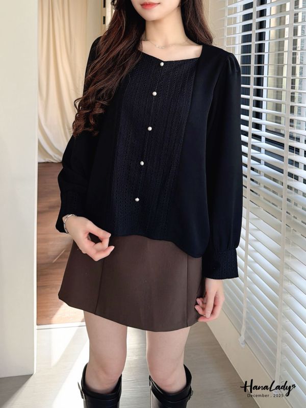 WQA51 波西米亞釘珠V線雪紡衫 