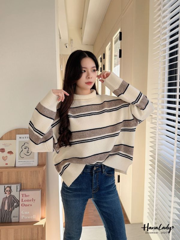 WQA74 配色條紋高領針織上衣 