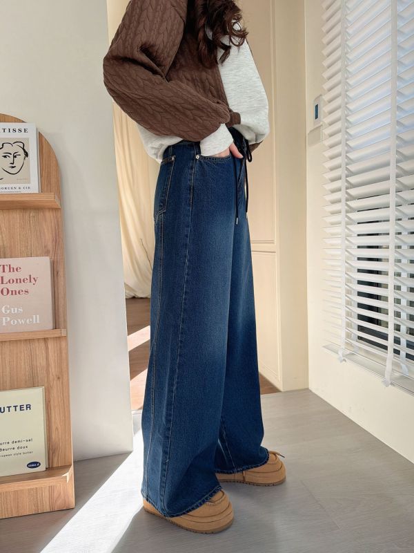 WQA37 人見人愛綁繩腰丹寧寬褲 