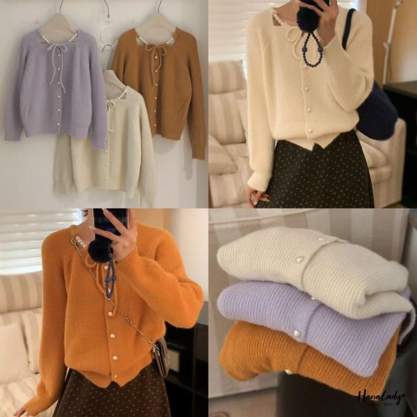 LEA49 珍珠綁結領混銀線針織上衣 