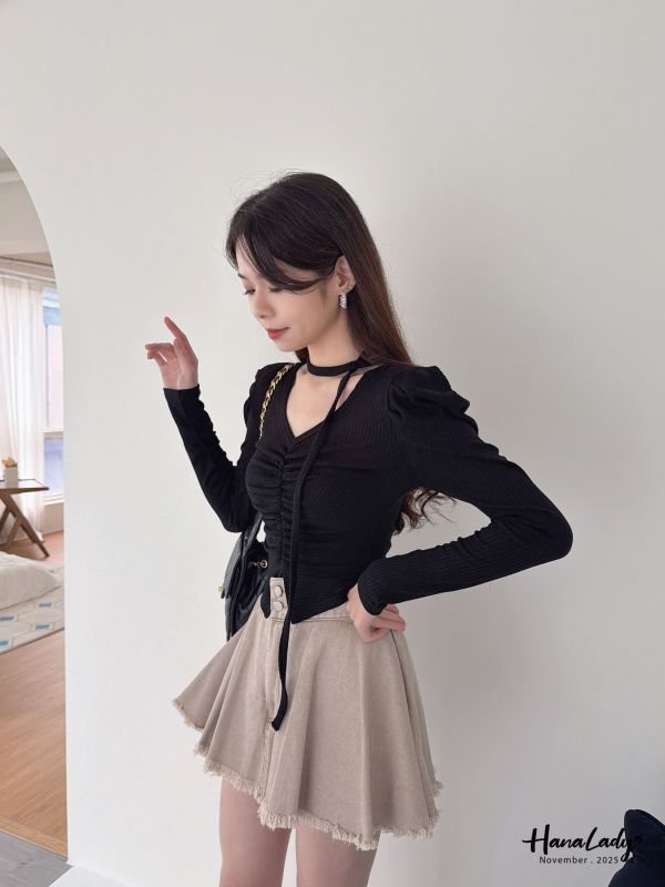 WJA84 寬腰雙釦鬚邊褲裙 