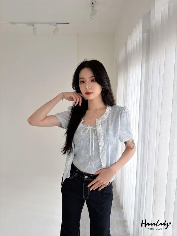 LFA39 有點美綁結翻領蕾絲上衣 