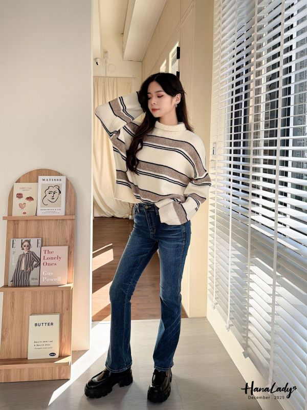 WQA74 配色條紋高領針織上衣 