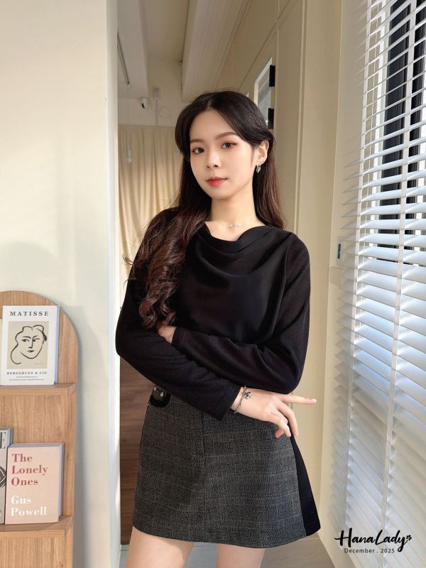 WQA98 垂領雪紡拼接針織衫 