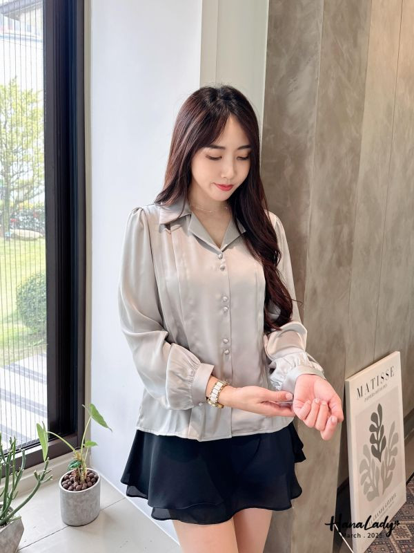 WSA71 雙釦翻領緞面雪紡衫 