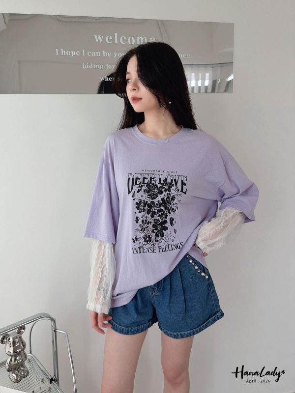 LFA95 假兩件蕾絲袖設計長版T 