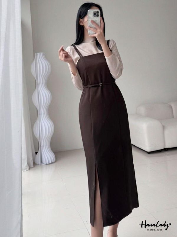 LSA46 知性釦帶側開衩洋裝 