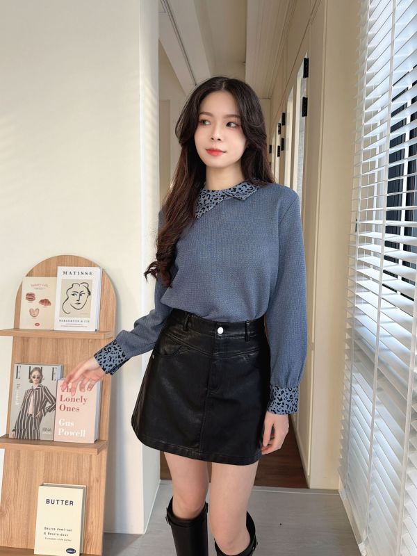 WQA54 豹紋雪紡拼接針織上衣 