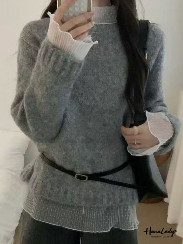 LEA45 拼接點點紗領針織上衣 