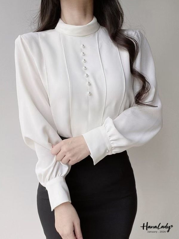 LEA28 珍珠小立領雪紡上衣 