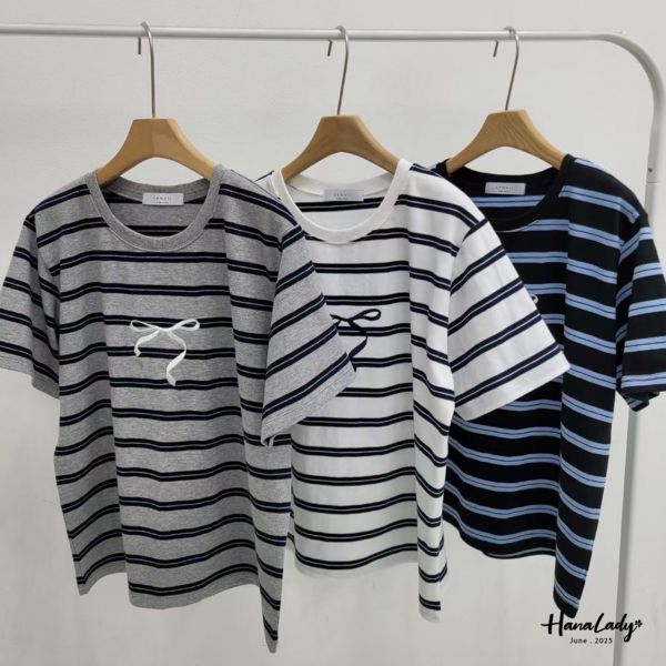 WLA18 甜酷風條紋刺繡蝴蝶結T 